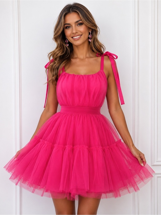 Joyfunear Dresses & Skirts - JOYFUNEAR Women’s Size L Vibrant Pink Tie-Strap Tulle Mini Dress